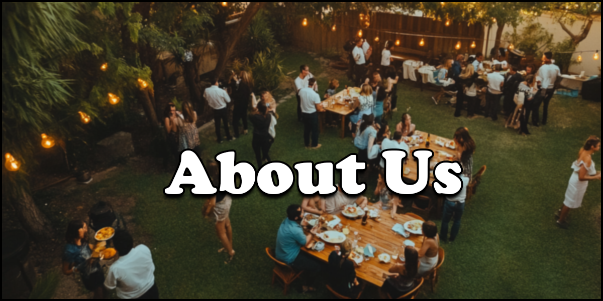 People gathered outdoors at tables and standing in groups at a garden party or event, with string lights hanging in the trees and "About Us" text overlaid.