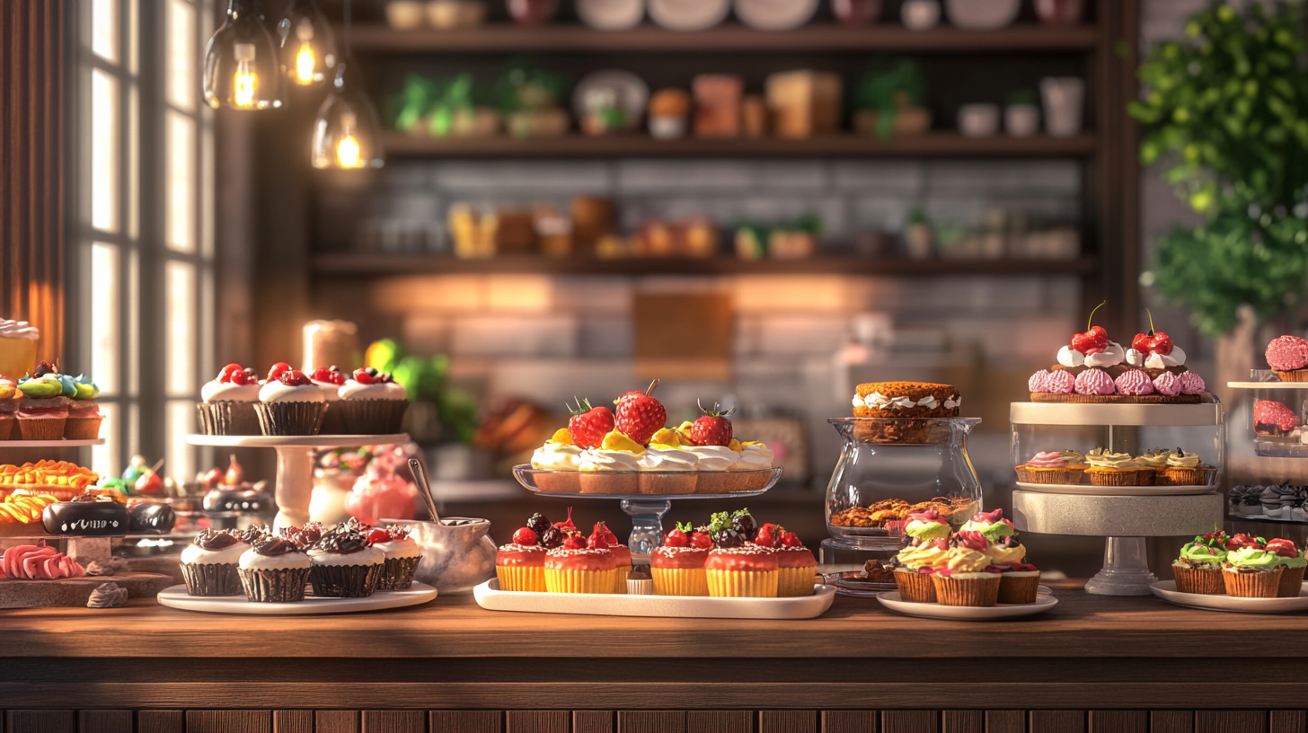 A bakery display with assorted cakes, cupcakes, and pastries arranged on plates and stands in a sunlit, rustic shop interior. Quick Simple Desserts