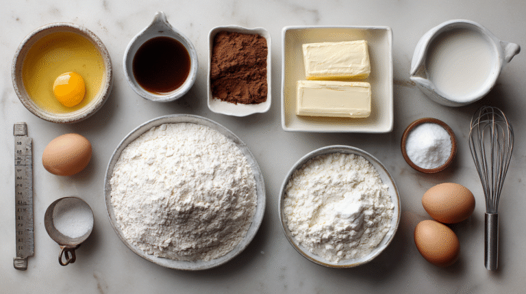 Baking ingredients arranged on a countertop, including eggs, flour, cocoa powder, butter, vanilla extract, sugar, milk, and a whisk—perfect for following your favorite recipe with handy baking measurement tips.