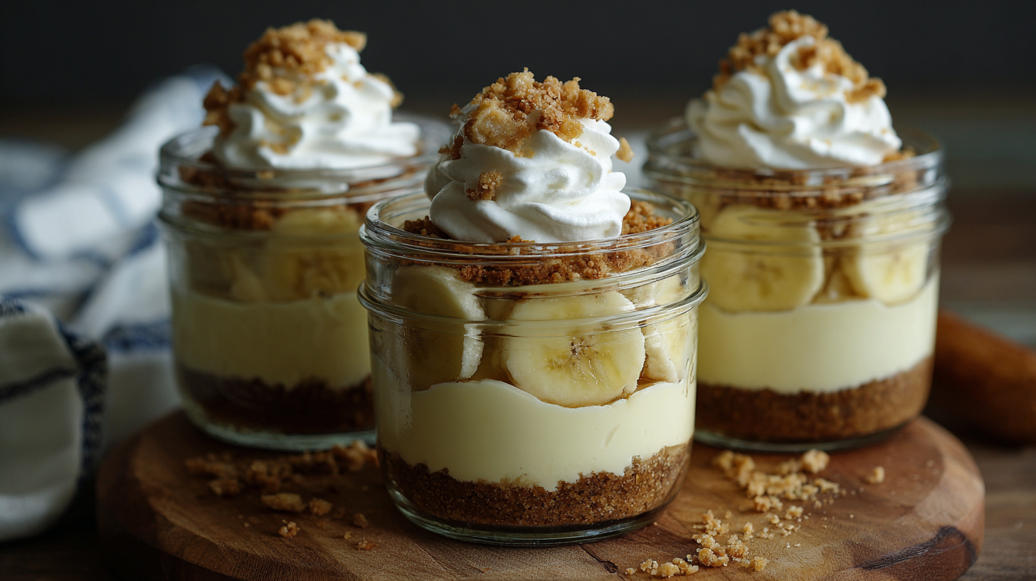 Three Mason Jar Banana Cream Pies filled with layered banana pudding, sliced bananas, whipped cream, and crumbled topping are displayed on a wooden board.