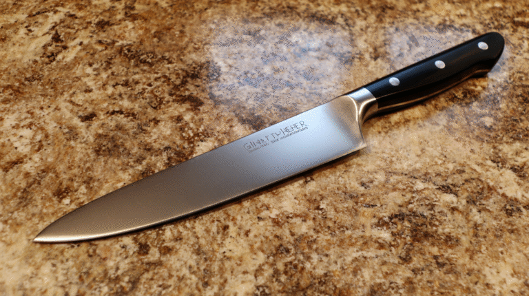 A professional chef knife with a stainless steel blade and black handle rests on a brown marbled countertop.