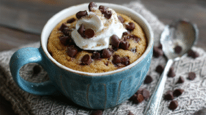 A chocolate chip mug cake topped with whipped cream and chocolate chips, served in a blue mug on a textured napkin with a spoon beside it.