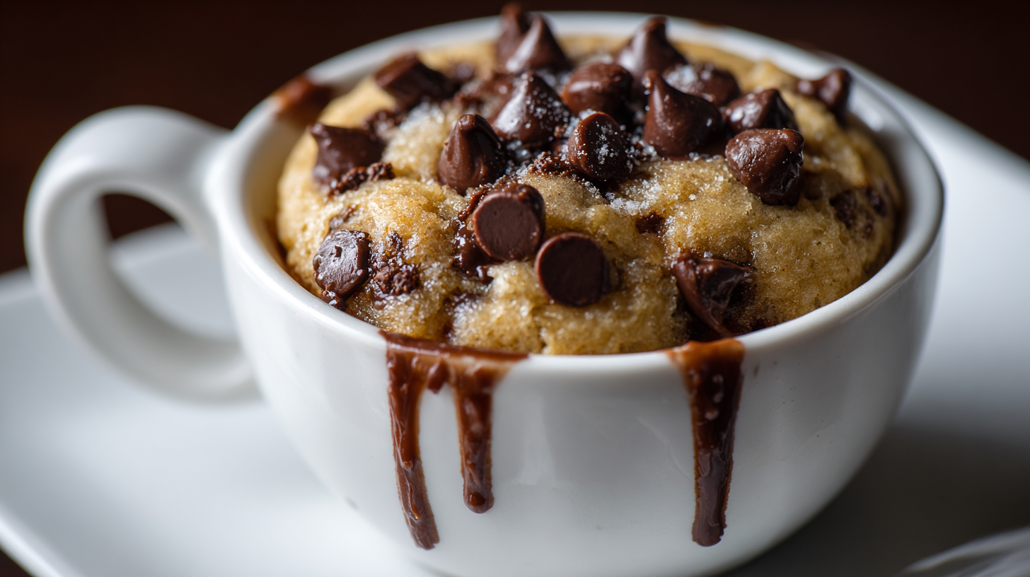 A white mug filled with a chocolate chip mug cake, topped with melted chocolate chips and drips of chocolate running down the side.