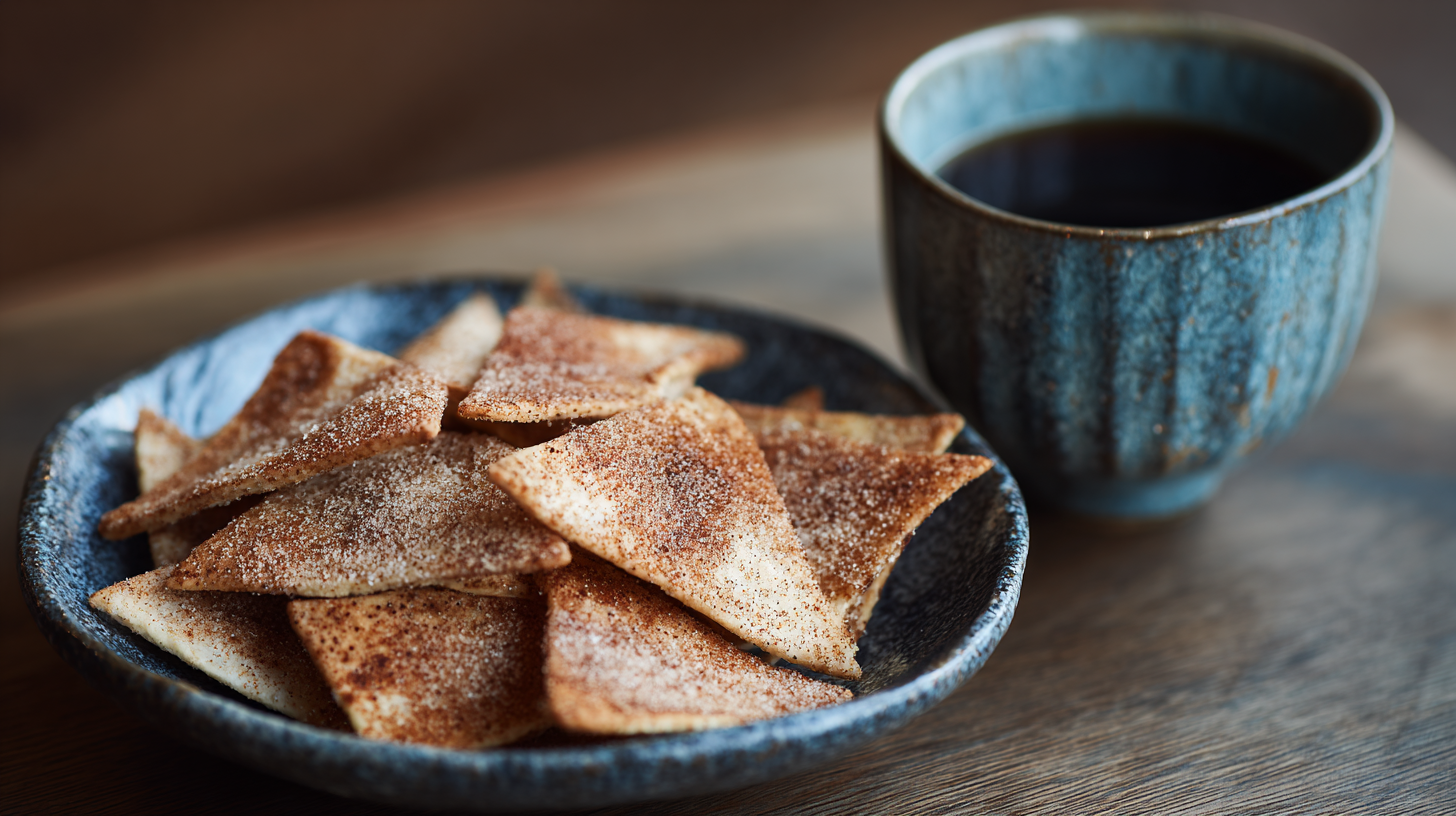 A ceramic bowl of cinnamon sugar tortilla chips next to a ceramic cup of black coffee on a wooden surface.