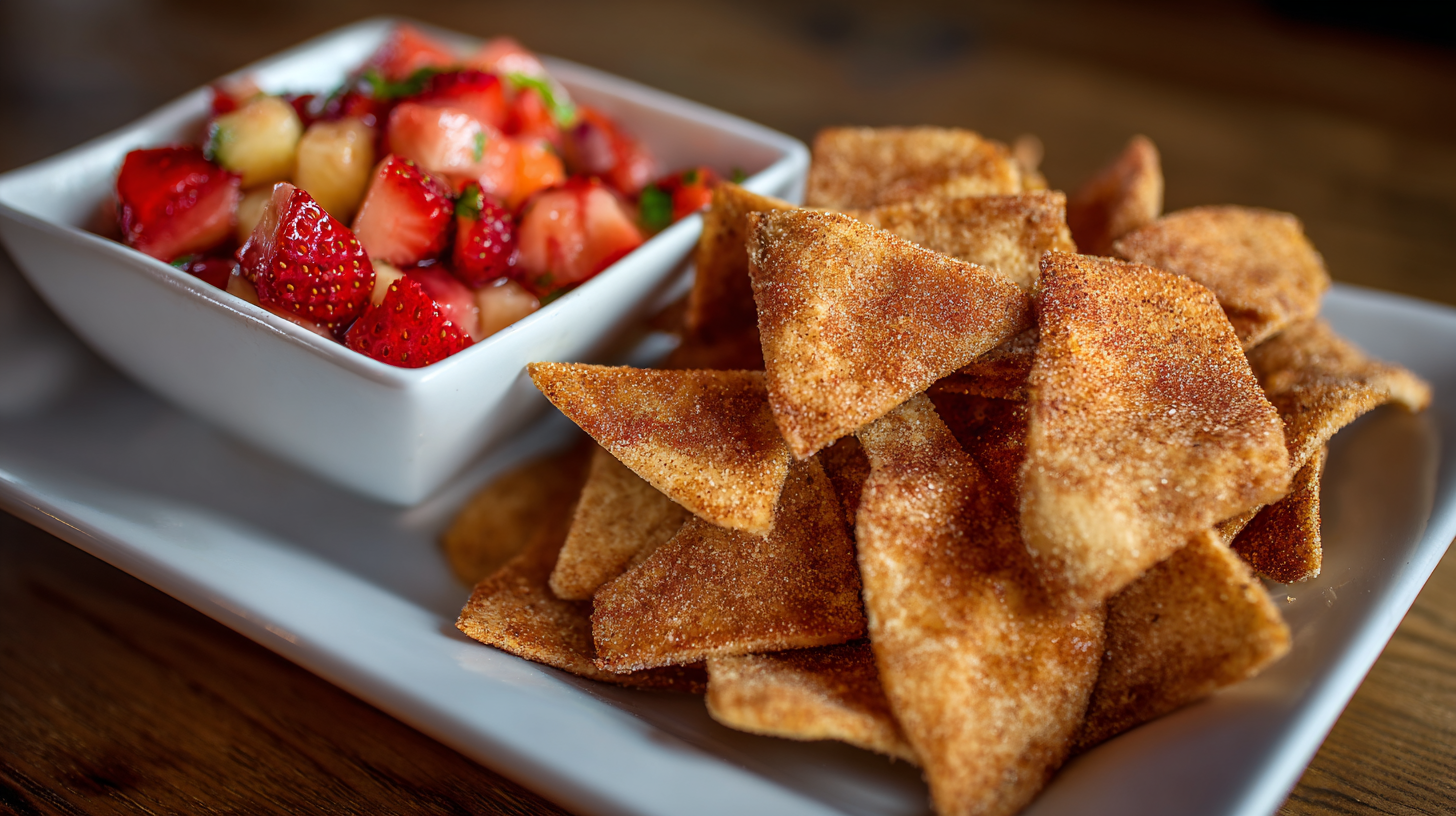 A plate with cinnamon sugar tortilla chips and a bowl of fresh strawberry salsa sits on a wooden table.