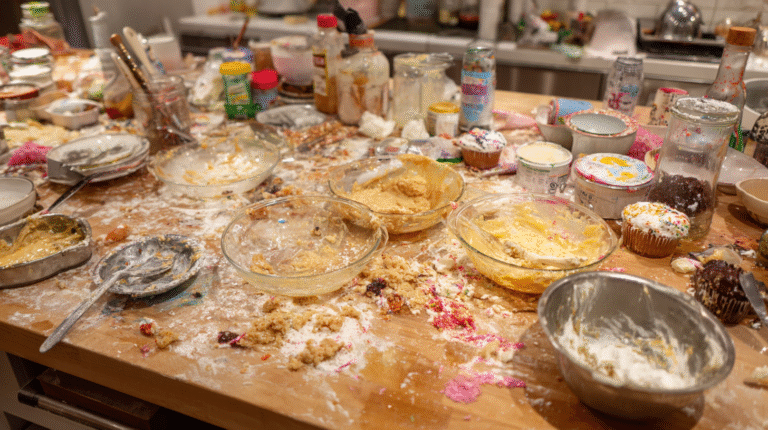 A kitchen counter covered with dirty mixing bowls, baking ingredients, utensils, spilled flour, and cupcake remnants after baking—it's a clear reminder of common dessert recipe errors to watch out for next time.