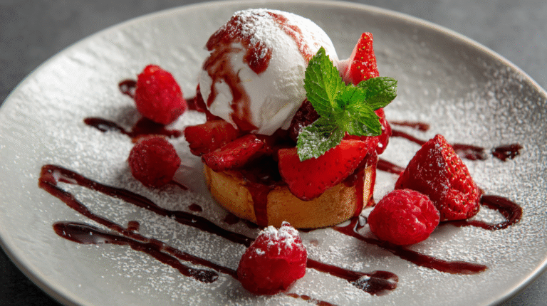 A dessert showcasing simple dessert display, featuring a small sponge cake topped with whipped cream, fresh strawberries, raspberries, mint leaves, chocolate sauce, and powdered sugar on a white plate.