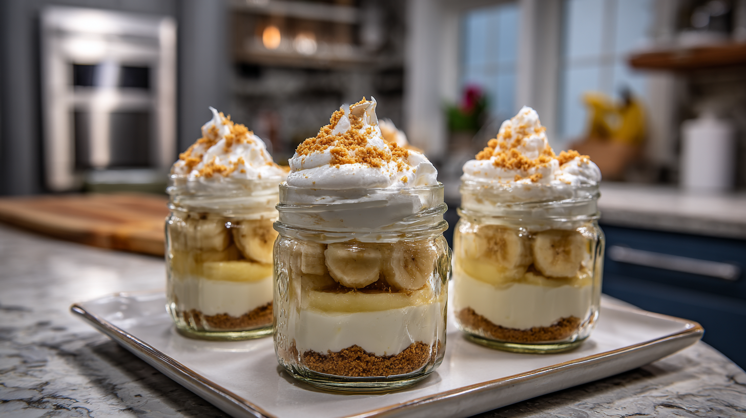 Three Mason Jar Banana Cream Pies sit on a white plate, each filled with layered banana pudding, whipped cream, sliced bananas, and crumb topping, arranged neatly on a kitchen countertop.