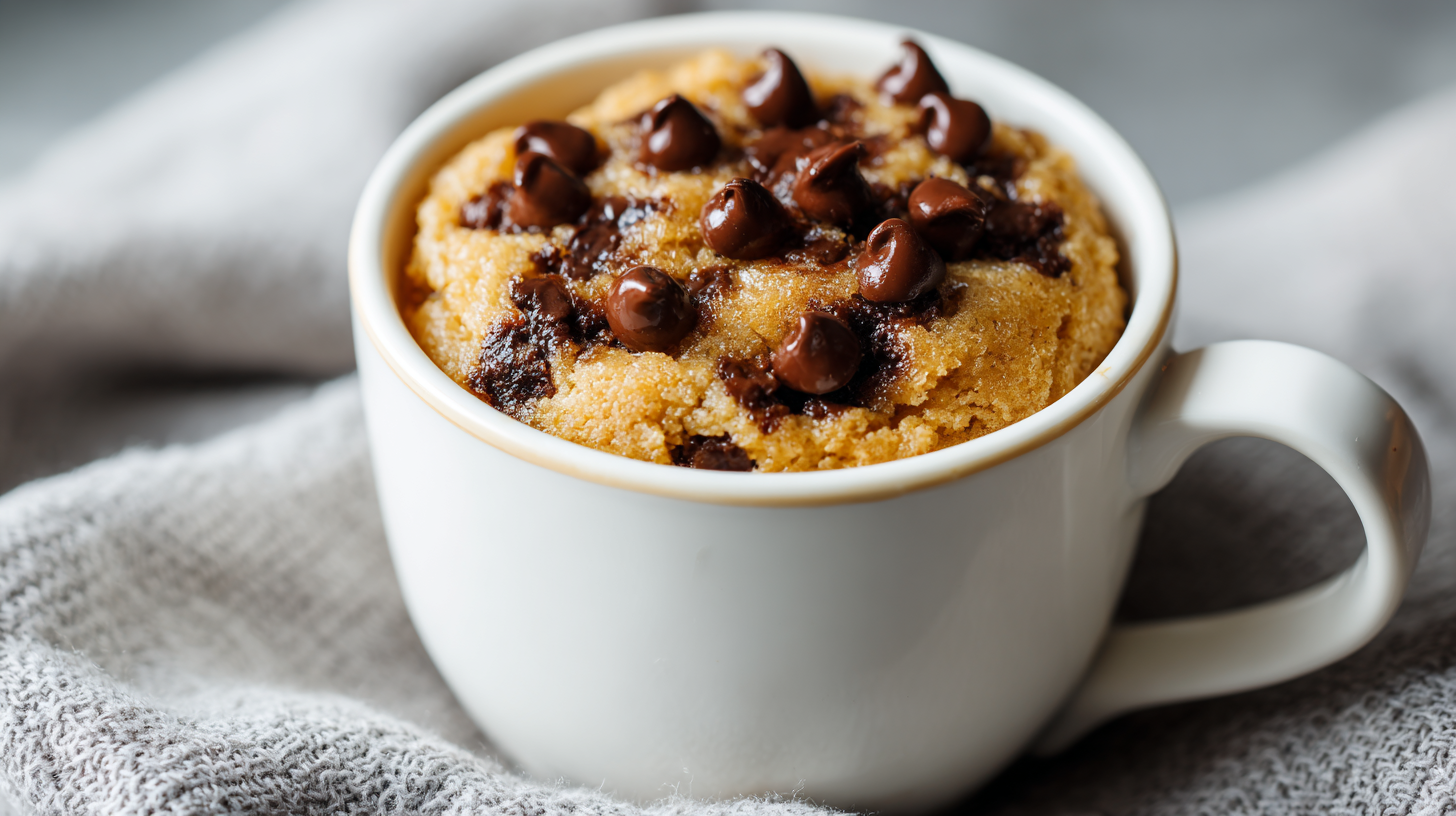 A white mug filled with a baked chocolate chip cookie topped with chocolate chips, resting on a textured fabric surface.
